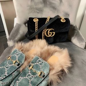 authentic GUCCI Velvet Matelasse Mini GG Marmont Shoulder Bag Black